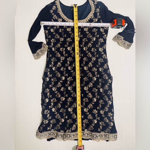 Boho Embroidered Kurta Tunic Dress Set Navy Gold Dupatta Festival L Ethnic - Picture 10 of 12